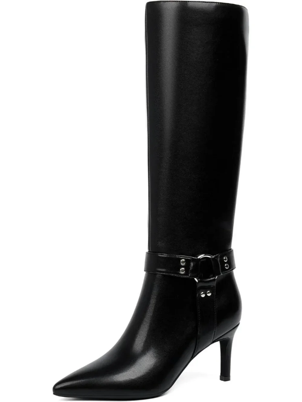 Women's Black Buckle Pointed Toe Faux Leather Stiletto Heel Over The Knee Boots